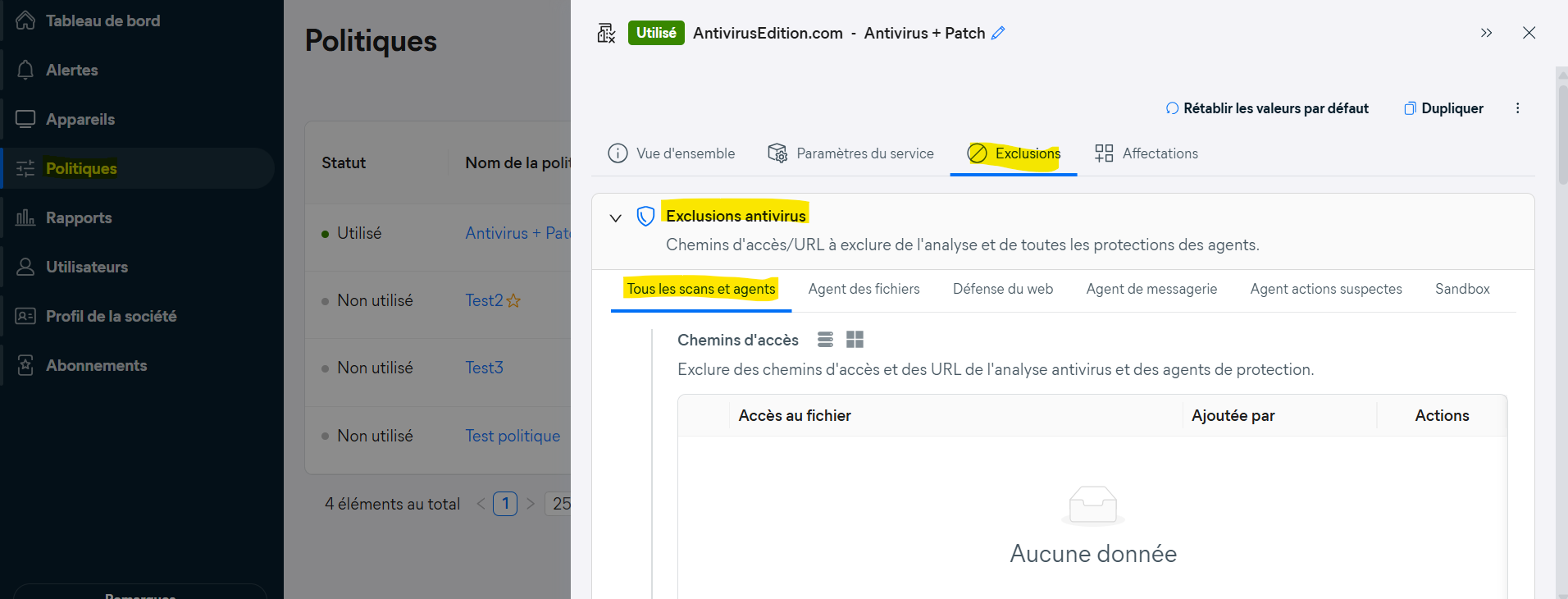 Faire des exclusions dans Avast Business Hub